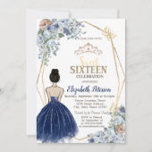 ネイビーブルーグリッタードレスブルーフラワーズスウィート16 招待状 (正面)