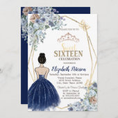 ネイビーブルーグリッタードレスブルーフラワーズスウィート16 招待状 (正面/裏面)