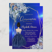 ネイビーブルーグリッタードレス、シックな青の花 招待状 (正面/裏面)