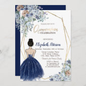 ネイビーブルーグリッタードレス、ブルーフラワーズキンセアニェラ 招待状 (正面/裏面)