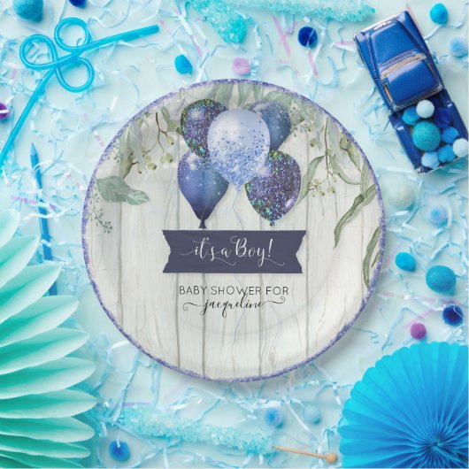 ネイビーブルーグリッターバルーンユーカリプタスベビーシャワー ペーパープレート (パーティー)
