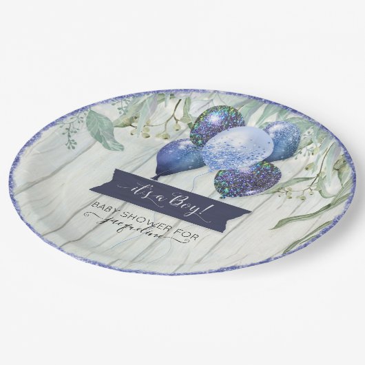 ネイビーブルーグリッターバルーンユーカリプタスベビーシャワー ペーパープレート (アングル)