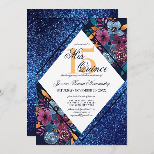 ネイビーブルーグリッターフローラウォーターカラーミクリン 招待状 (正面/裏面)