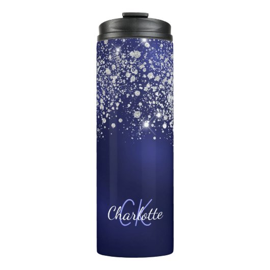 ネイビーブルーグリッターモノグラム名スクリプト タンブラー (正面)