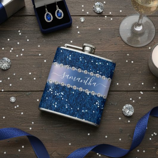 ネイビーブルーグリッタールッきらきら光るクパーソナライズされたメタル フラスク
