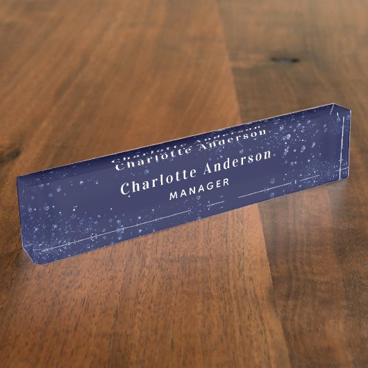 ネイビーブルーグリッター名タイトルクラシック エレガント デスクネームプレート (側面)
