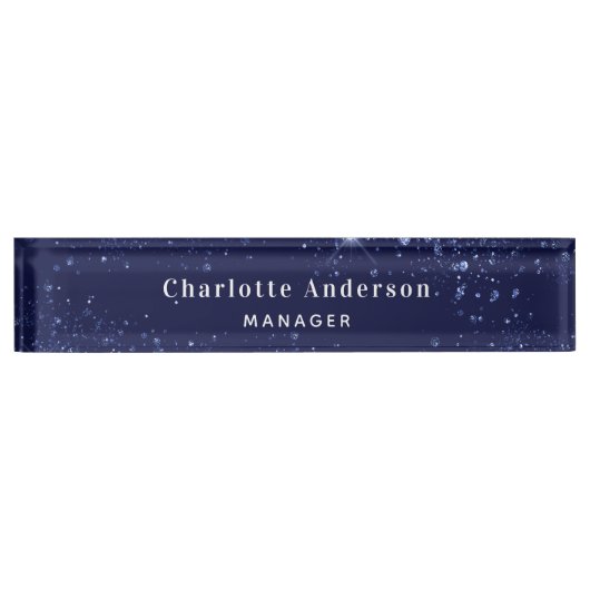 ネイビーブルーグリッター名タイトルクラシック エレガント デスクネームプレート (正面)