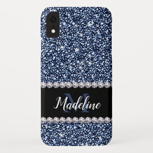 ネイビーブルーグリッター&ジェムと名前とモノグラム Case-Mate iPhoneケース (裏面)