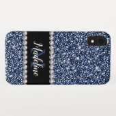 ネイビーブルーグリッター&ジェムと名前とモノグラム Case-Mate iPhoneケース (裏面(横))