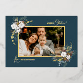 ネイビーブルーグリーナリーヴィンテージクリスマスツー写真 箔シーズンカード (正面)