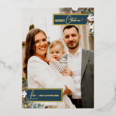 ネイビーブルーグリーナリーヴィンテージクリスマスポートレート 箔シーズンカード (正面)