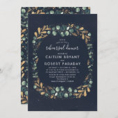 ネイビーブルーグリーンと金ゴールドグリーンリハーサルディナー 招待状 (正面/裏面)