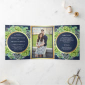 ネイビーブルーグリーンサクキュレントリース結婚写真 三つ折り招待状 (内部)