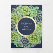 ネイビーブルーグリーンサクキュレントリース結婚写真 三つ折り招待状 (カバー)