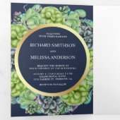 ネイビーブルーグリーンサクキュレントリース結婚写真 三つ折り招待状 (内部最初)