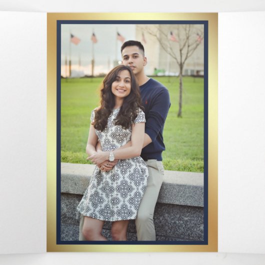 ネイビーブルーグリーンサクキュレントリース結婚写真 三つ折り招待状 (内部中)