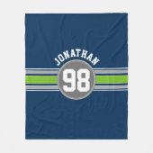 ネイビーブルーグリーンスポーツジャージストライプーの名前番号 フリースブランケット (正面)