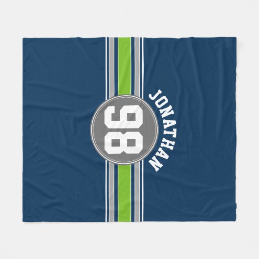 ネイビーブルーグリーンスポーツジャージストライプーの名前番号 フリースブランケット (正面(横))