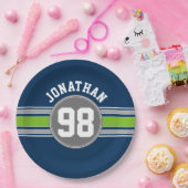 ネイビーブルーグリーンスポーツジャージストライプーの名前番号 ペーパープレート (パーティー)