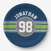 ネイビーブルーグリーンスポーツジャージストライプーの名前番号 ペーパープレート (正面)