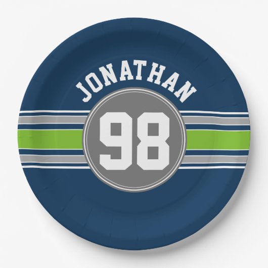 ネイビーブルーグリーンスポーツジャージストライプーの名前番号 ペーパープレート (正面)
