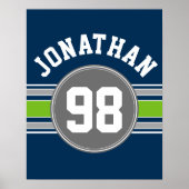ネイビーブルーグリーンスポーツジャージストライプーの名前番号 ポスター (正面)