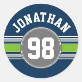 ネイビーブルーグリーンスポーツジャージストライプーの名前番号 ラウンドシール (正面)