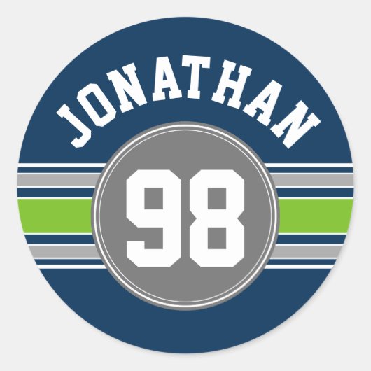 ネイビーブルーグリーンスポーツジャージストライプーの名前番号 ラウンドシール (正面)