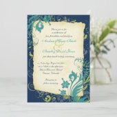 ネイビーブルーグリーンティール（緑がかった色）フローラ結婚式招待状 招待状 (スタンド正面)