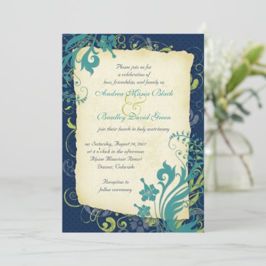 ネイビーブルーグリーンティール(緑がかった色)フローラ結婚式招待状 招待状 (スタンド正面)