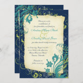 ネイビーブルーグリーンティール（緑がかった色）フローラ結婚式招待状 招待状 (正面/裏面)