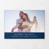 ネイビーブルーグリーンパーム離れリースフォト結婚ズ 三つ折り招待状 (カバー)