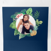 ネイビーブルーグリーンパーム離れリースフォト結婚ズ 三つ折り招待状 (内部最初)