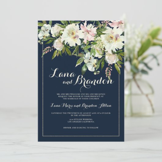 ネイビーブルーグリーンピンクホワイトフローラカントリー結婚式 招待状 (スタンド正面)
