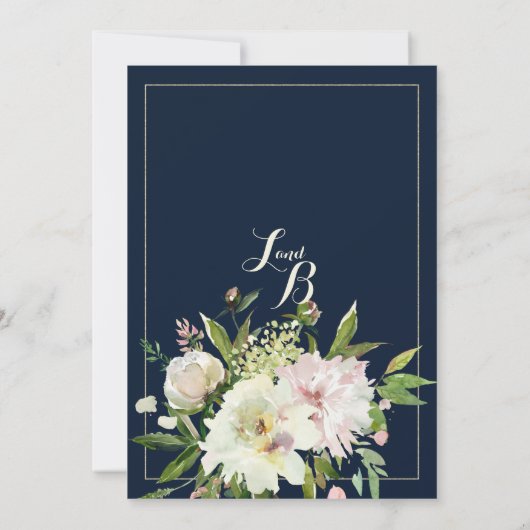 ネイビーブルーグリーンピンクホワイトフローラカントリー結婚式 招待状 (裏面)