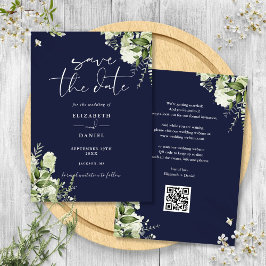 ネイビーブルーグリーンフローラQRコード結婚ズ セーブザデート