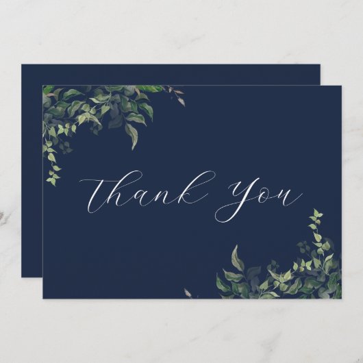 ネイビーブルーグリーンリー植物水色結婚ズ サンキューカード (正面/裏面)