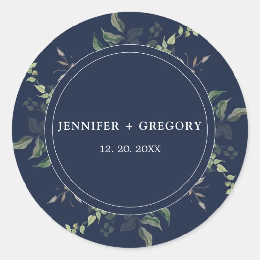 ネイビーブルーグリーンリー植物水色結婚ズ ラウンドシール (正面)