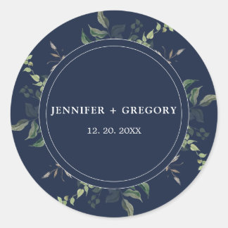 ネイビーブルーグリーンリー植物水色結婚ズ ラウンドシール
