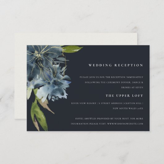 ネイビーブルーグリーン金ゴールドフローラ水彩披露宴 エンクロージャーカード (正面/裏面)