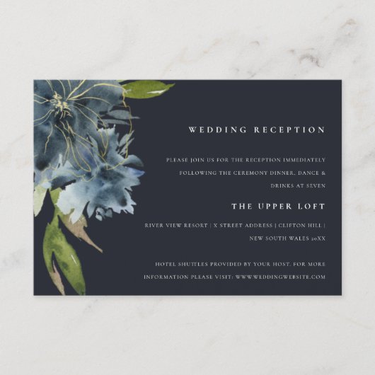 ネイビーブルーグリーン金ゴールドフローラ水彩披露宴 エンクロージャーカード (正面)