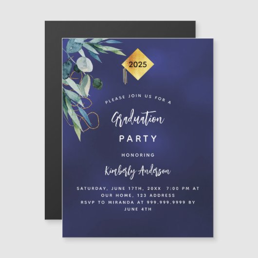 ネイビーブルーグリーン高級卒業式パーティー2025 マグネット招待状 (正面/裏面)