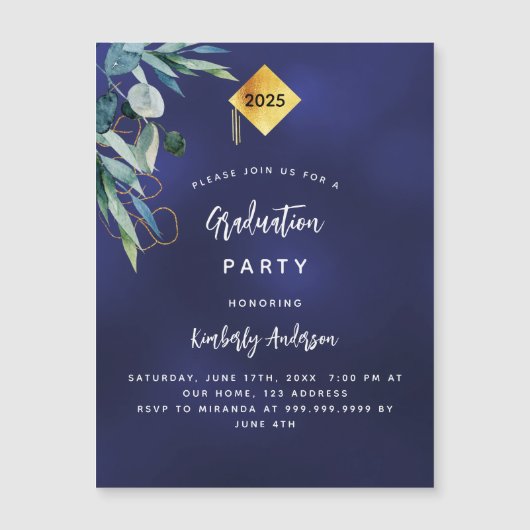 ネイビーブルーグリーン高級卒業式パーティー2025 マグネット招待状 (正面)