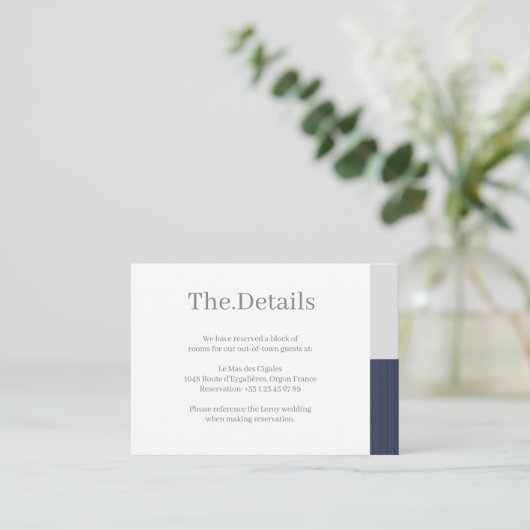 ネイビーブルーグレイストライプホワイト結婚ホテル詳細 エンクロージャーカード (スタンド正面)