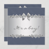 ネイビーブルーグレーのピンストライプ少年シャワー 招待状 (正面/裏面)