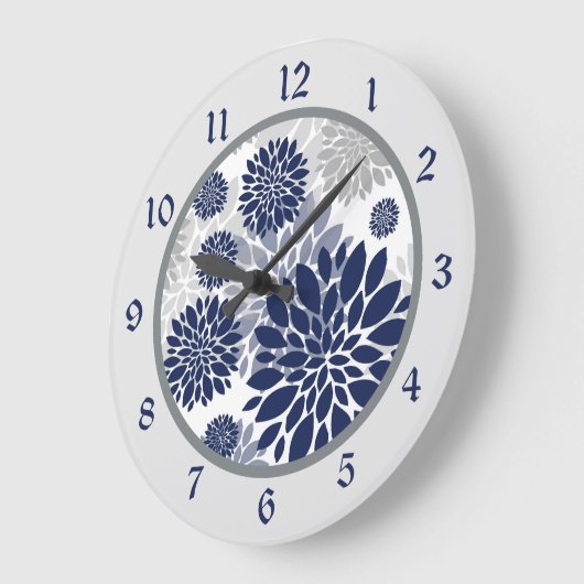 ネイビーブルーグレーのフラワーグラフィック ラージ壁時計 (傾斜)