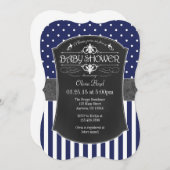 ネイビーブルーグレーの黒板ストライプのベビーシャワー 招待状 (正面/裏面)