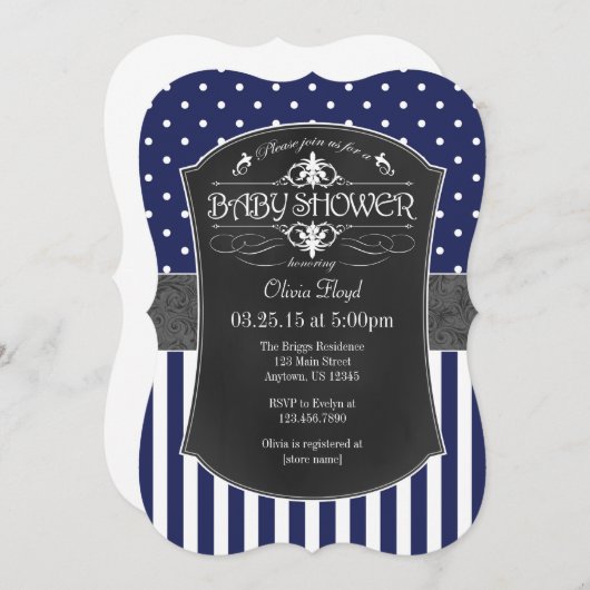 ネイビーブルーグレーの黒板ストライプのベビーシャワー 招待状 (正面/裏面)
