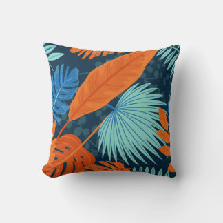 ネイビーブルーグレーオレンジ水彩花模様 クッション