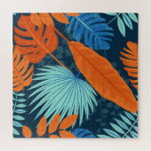 ネイビーブルーグレーオレンジ水彩花模様 ジグソーパズル (横)